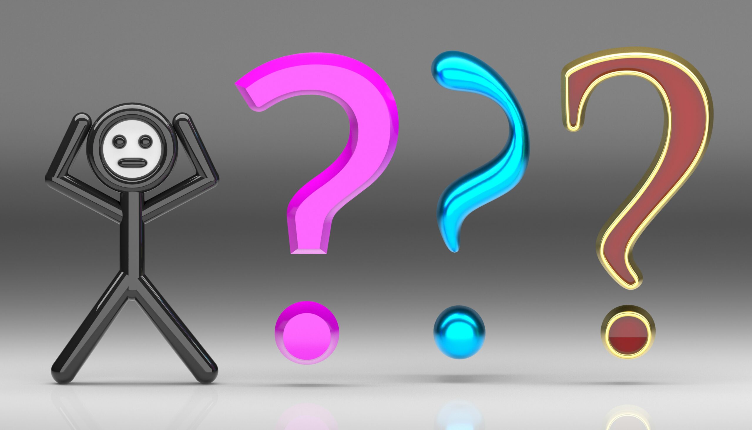 The Policy Place: Stick figure overwhelmed by colorful question marks.