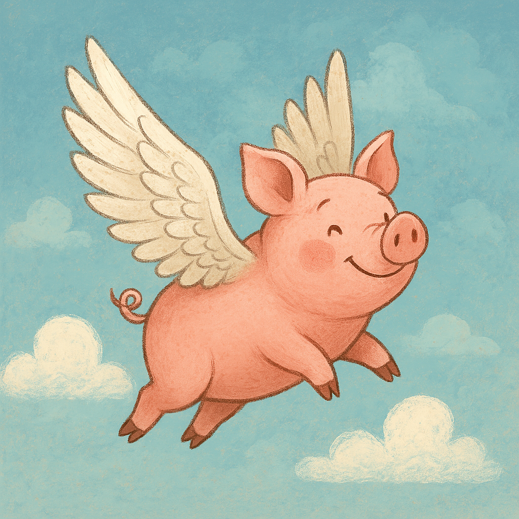 Whimsical flying pig with wings, symbolizing the unlikelihood of misinformation spreading unchecked.