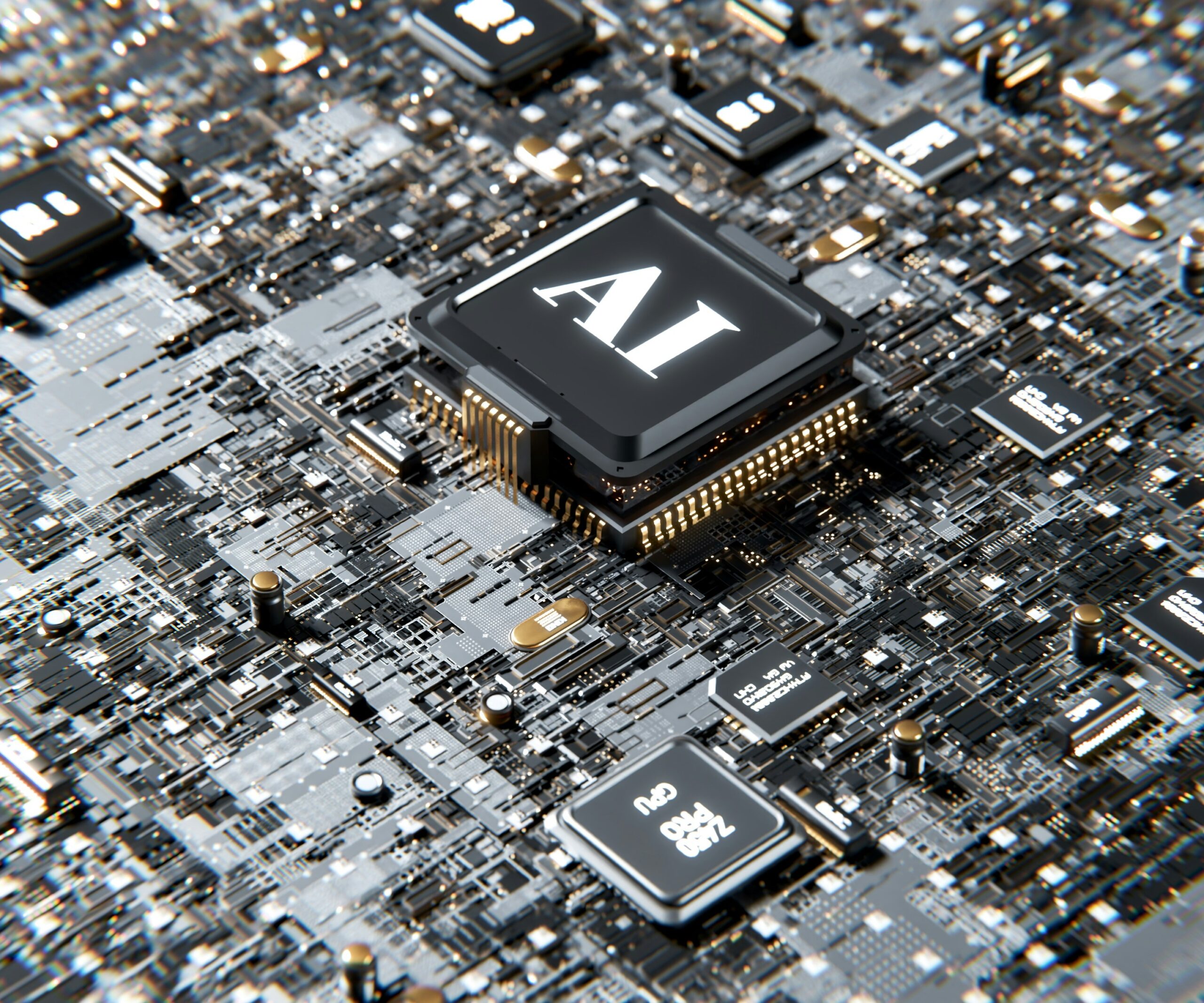 Close-up of AI chip on a circuit board, representing advanced technology for audit-ready policies.