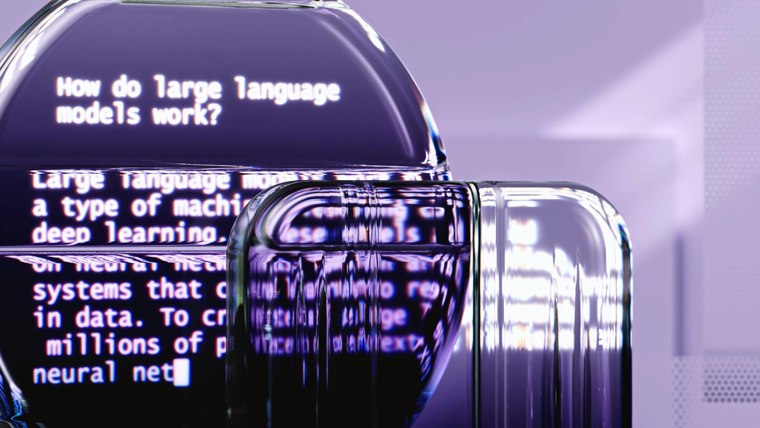 Glassy surface reflecting text about how large language models work, related to AI policies.
