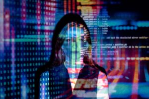 Woman with AI code overlay: AI governance for Australian nonprofits