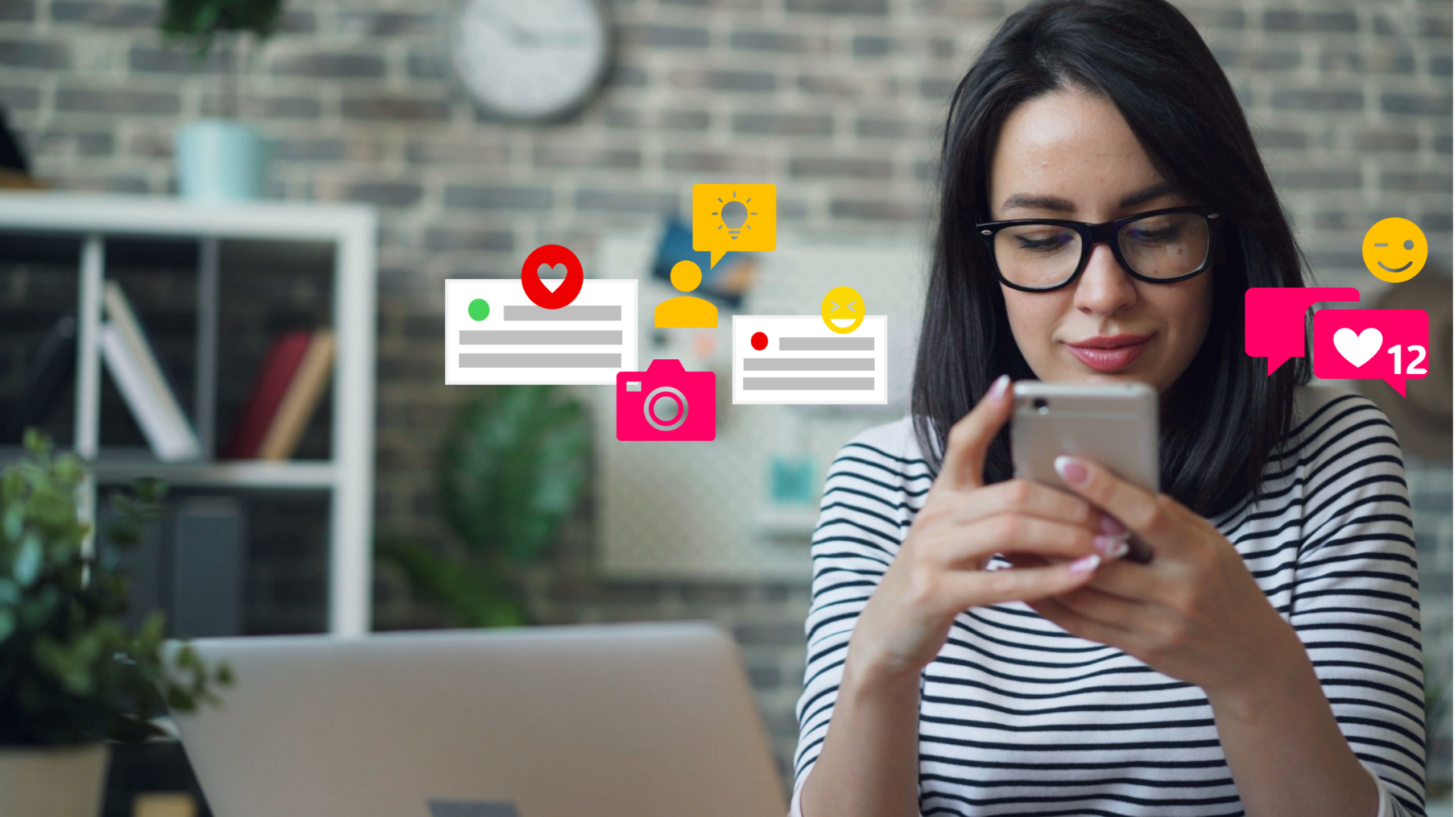 Woman using smartphone with social media icons, relevant to mobile device policies for social services.