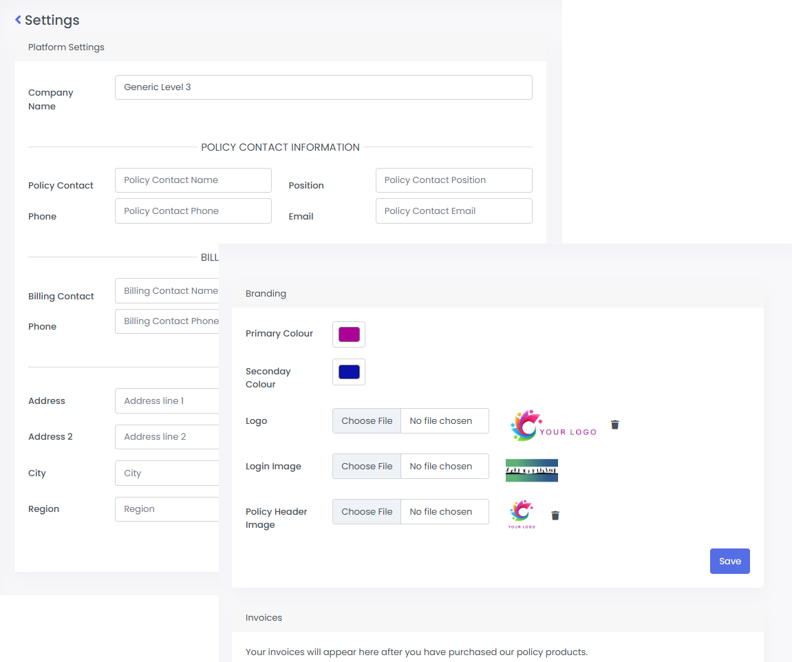 Platform Settings with policy contact and bill information options