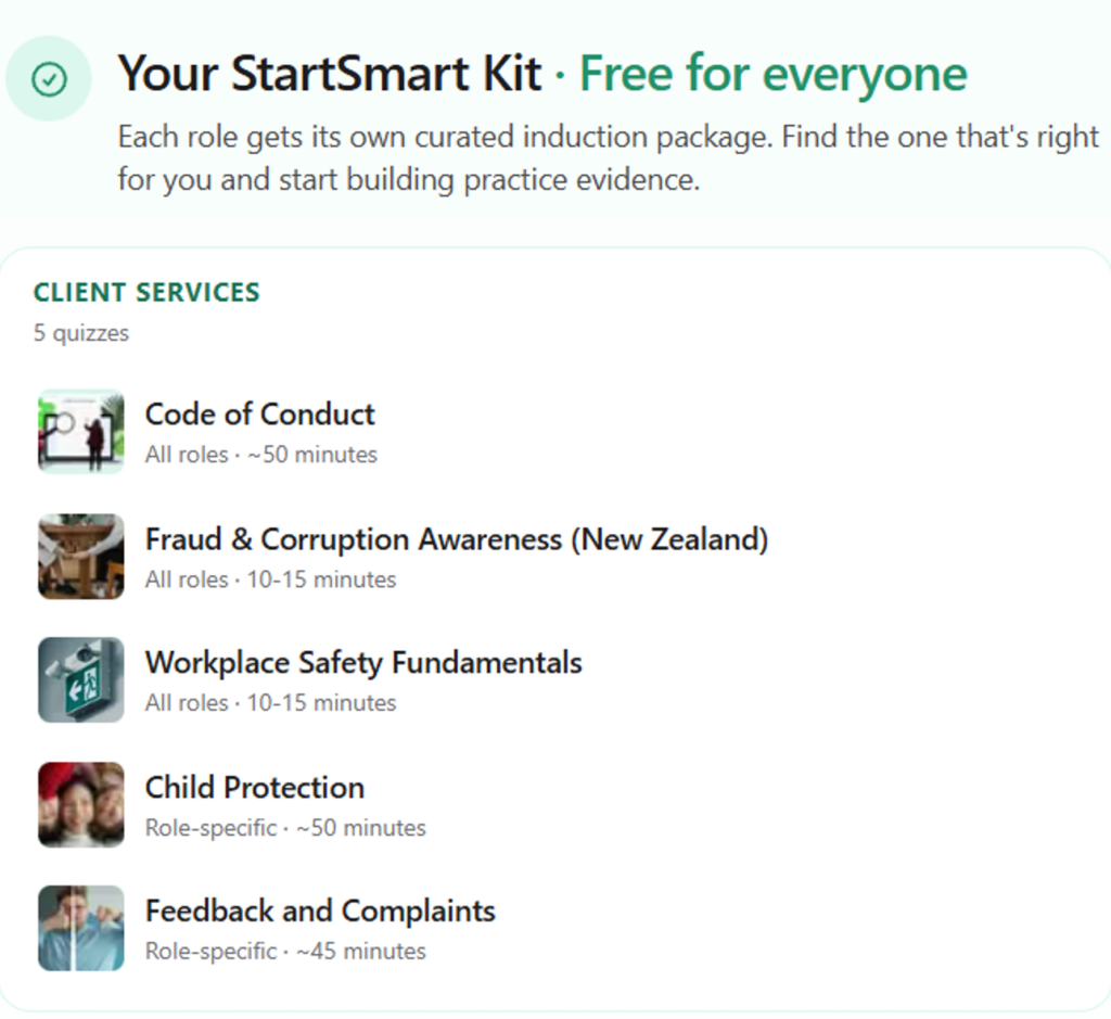 StartSmart Kit for workplace training: Code of Conduct, Fraud, Safety, Child Protection, Feedback
