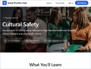 Cultural Safety training: Four diverse people in a meeting discussing a document.
