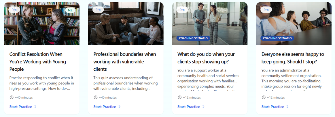 Four workplace training modules: Conflict Resolution, Professional Boundaries, Client No-Shows, and Group Session Facilitation.