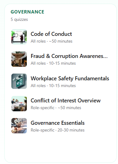 Governance induction quizzes: Code of Conduct, Fraud & Corruption, Safety, Conflict of Interest, Governance Essentials