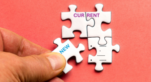 Puzzle pieces with "CURRENT" and "NEW" signify change in social services audit.