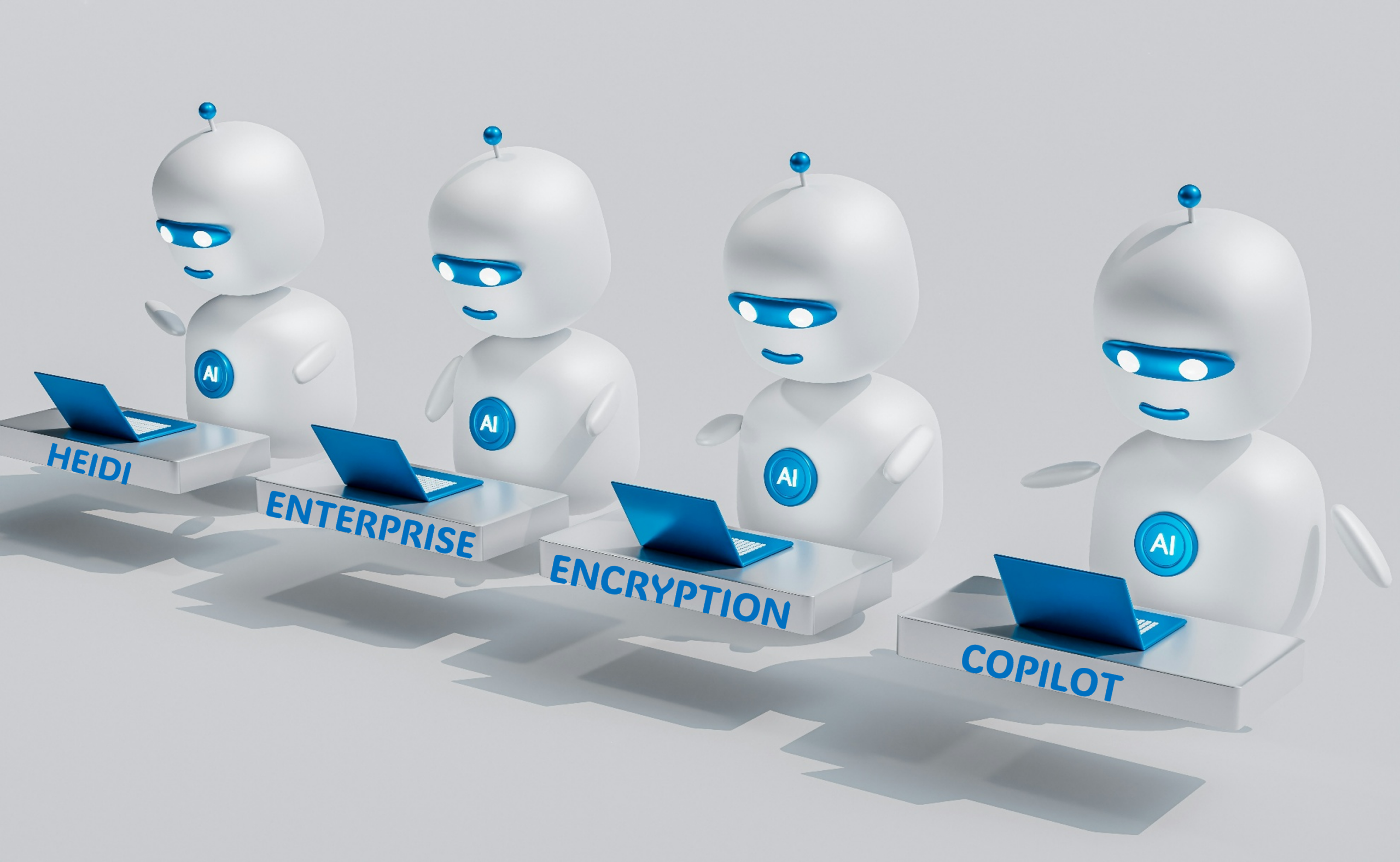 AI bots labeled Heidi, Enterprise, Encryption, and Copilot.